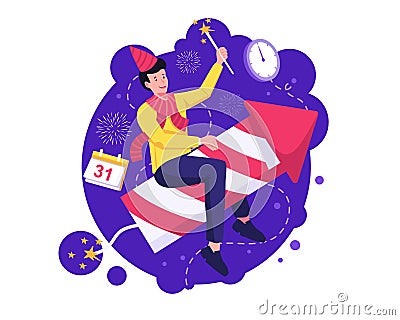 Happy New Year concept with A man riding on a firework rocket to celebrate new year`s eve. Vector illustration Vector Illustration