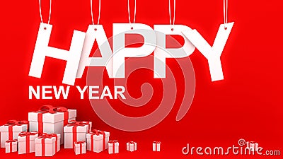 Happy New Year concept with paper cuted on ropes and many and Decorative white gift boxes with red bows and ribbons on red Stock Photo