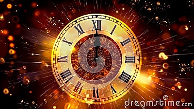 Happy New Year countdown. Clock and fireworks, lights and bokeh effect. Golden clock on dark festive background with Stock Photo