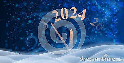 Happy new year 2024 countdown clock on horizontal abstract blue banner with snowflakes and blizzard Vector Illustration