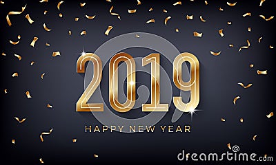 Happy New Year 2019. Creative abstract vector illustration with sparkling golden numbers on dark background Vector Illustration