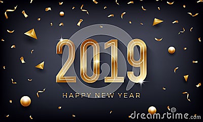 Happy New Year 2019. Creative abstract vector illustration with sparkling golden numbers on dark background Vector Illustration