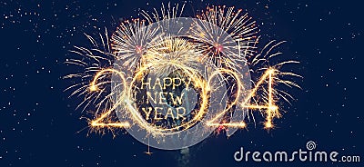 Poster Happy New Year 2024 with fireworks Stock Photo