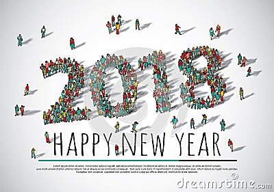 2018 happy new year crowd big group people. Vector Illustration