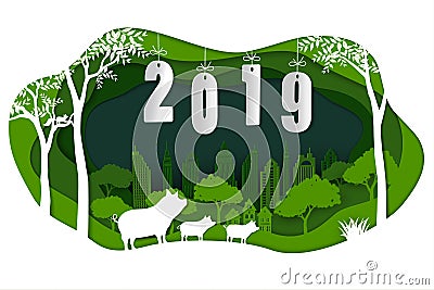 Happy new year 2019 with cute family pig on green paper art background Vector Illustration