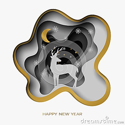 Happy New Year 3d abstract paper cut illustration of deer, tree, snow, moon and stars in the night. Cartoon Illustration