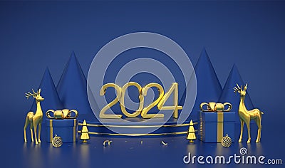 Happy New 2024 Year. 3D Golden metallic numbers 2024 on blue stage podium. Scene, round platform with gift boxes, realistic golden Stock Photo
