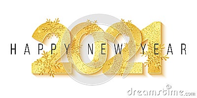 Happy New Year 2021. 3D numbers and golden snowflakes with glitter isolated on white background. Greeting card. Vector Vector Illustration