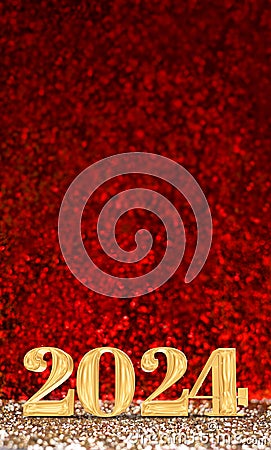 happy new year 2024 3d rendering gold color on red glitter background Stock Photo