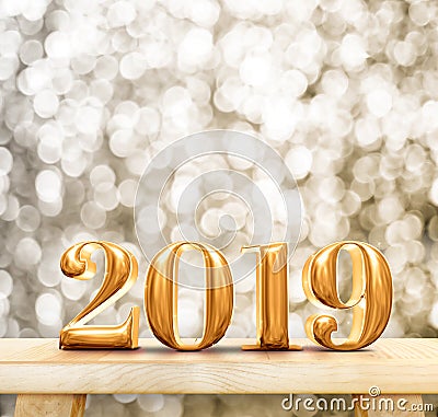 Happy New Year 2019 3d rendering gold glossy on modern wood ta Stock Photo