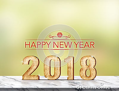 Happy new year 2018 3d rendering on marble table at green abst Stock Photo