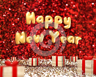 Happy New Year(3D rendering text) floating over wood present box Stock Photo