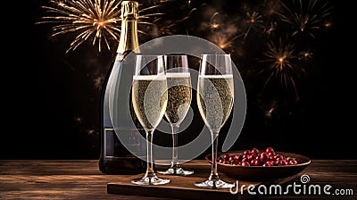 Happy New Year. Dark night with beautiful fireworks and champagne glasses on table Stock Photo