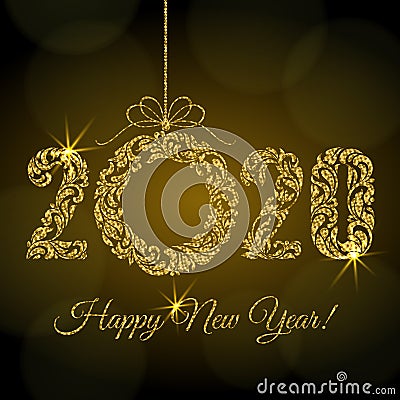 Happy New Year 2020. Decorative Font made of swirls and floral elements. Golden glitter Numbers and Christmas wreath with sparks Vector Illustration