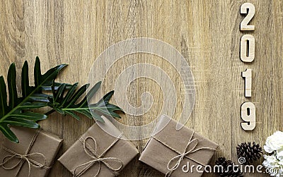 Happy new year 2019 decorative with gift box on wooden Stock Photo