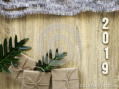 Happy new year 2019 decorative with gift box on wooden Stock Photo