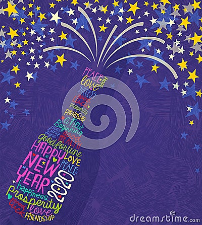 Happy New Year 2020 design. Abstract champagne bottle with inspiring handwritten words. Vector Illustration