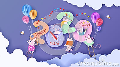 2020 Happy New Year design card with rats mouses Vector Illustration