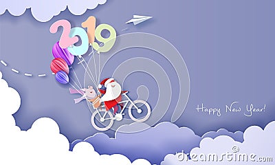 2019 Happy New Year design card with Santa and elf Vector Illustration