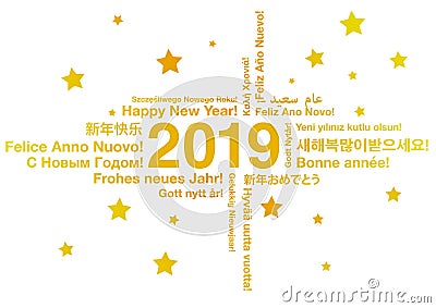 Happy New Year 2019 in different languages Vector Illustration