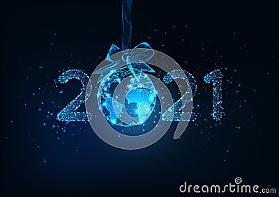 Happy New Year digital web banner with futuristic 2021 number and Earth globe hanging on ribbon bow Vector Illustration