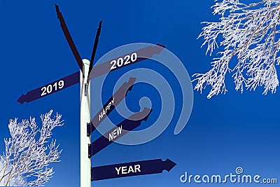 Happy new year 2020 on direction panels, snowy trees Stock Photo