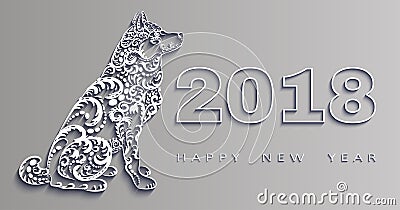 Happy new year 2018, the year of the dog.Vector white paper. Vector Illustration
