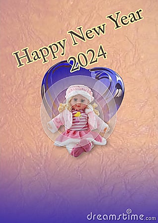 Happy New Year drawing on pink and blue background with a cute pink doll and blue heart. New year greetings Stock Photo