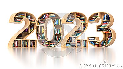 Happy 2023 new year education concept. Bookshelves with books in the form of text 2023 Cartoon Illustration