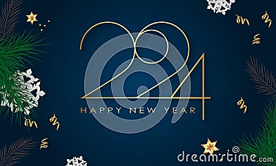 Happy New Year 2024 Elegant gold text with balloons and confetti. Realistic vector illustration Stock Photo