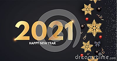 2021 Happy New Year Elegant holiday decoration with gold snowflakes, red and black balls, year numbre and lights Vector Illustration