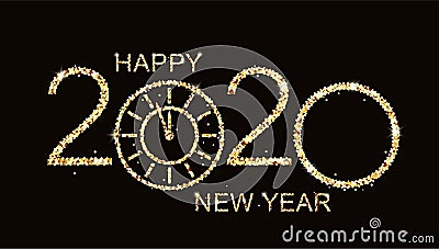 2020 Happy New Year eve glowing text design with gold clock on black background Cartoon Illustration