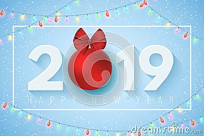 Happy new year 2019. Festive banner for your project. Falling snowflakes on a light blue background. Christmas colorful garland. P Vector Illustration