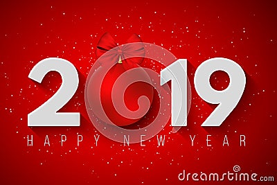 Happy new year 2019. Festive banner for your project. Snowflakes on a light red background. Paper numbers with a New Year`s toy. Vector Illustration