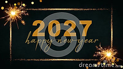 HAPPY NEW YEAR 2027 - Festive New Year's Eve Sylvester Party background greeting card - Gold frame, sparkling sparklers, Stock Photo