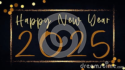 HAPPY NEW YEAR 2025 - Festive New Year's Eve Sylvester Party background greeting card - Gold frame, year, text, bokeh Stock Photo