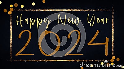 HAPPY NEW YEAR 2024 - Festive New Year's Eve Sylvester Party background greeting card template - Gold frame, year, text Stock Photo