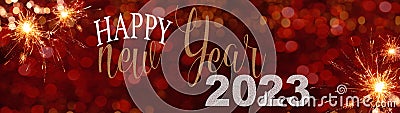 HAPPY NEW YEAR 2023 - Festive silvester background panorama greeting card banner long - Golden firework and red bokeh light in Stock Photo