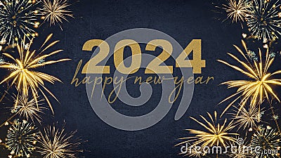 HAPPY NEW YEAR 2024 - Festive silvester New Year`s Eve Party background greeting card - Golden fireworks in the dark blue night Stock Photo