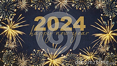 HAPPY NEW YEAR 2024 - Festive silvester New Year`s Eve Party background greeting card - Golden fireworks in the dark blue night Stock Photo