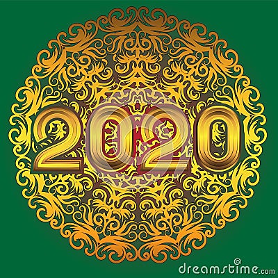 Happy new year 2020 figures gold mandala pattern on isolated green background. Vector image Vector Illustration