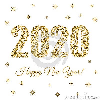 Happy New Year 2020. The figures and snowflakes with golden glitter made in floral ornament isolated on a white background Vector Illustration