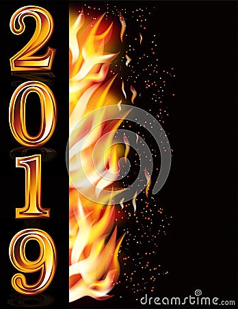 Happy New 2019 Year fire greeting banner Vector Illustration