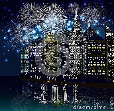 Happy new year 2016 with firework city at night Vector Illustration