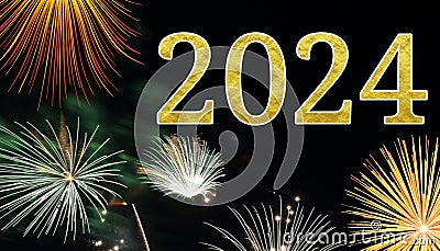 Happy New Year 2024 Firework Night Sky Background. Fireworks Banner And Golden Glitter Shiny Typography Text. Stock Photo