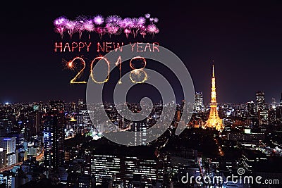 2018 Happy new year firework Sparkle with Tokyo cityscape, Japan Stock Photo