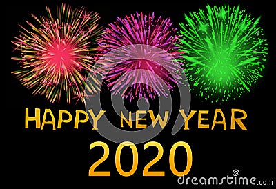 Happy new year 2020 with fireworks on dark background. Stock Photo