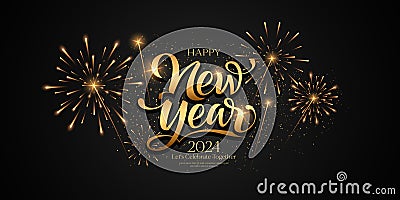 Happy new year 2024 Fireworks gold and black design, banner on black background Vector Illustration