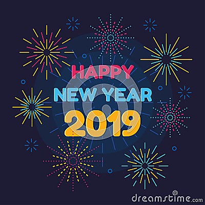 Happy new year 2019 and fireworks Vector Illustration