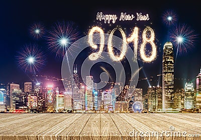 Happy new year 2018 fireworks over cityscape at night with empty Stock Photo